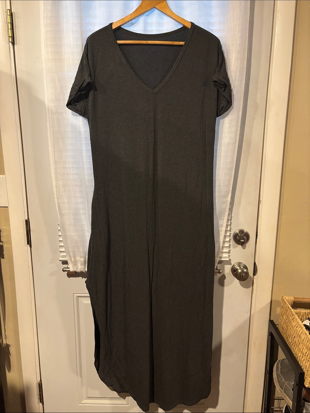 Amazon Charcoal Gray V-Neck Short Sleeve Maxi Dress